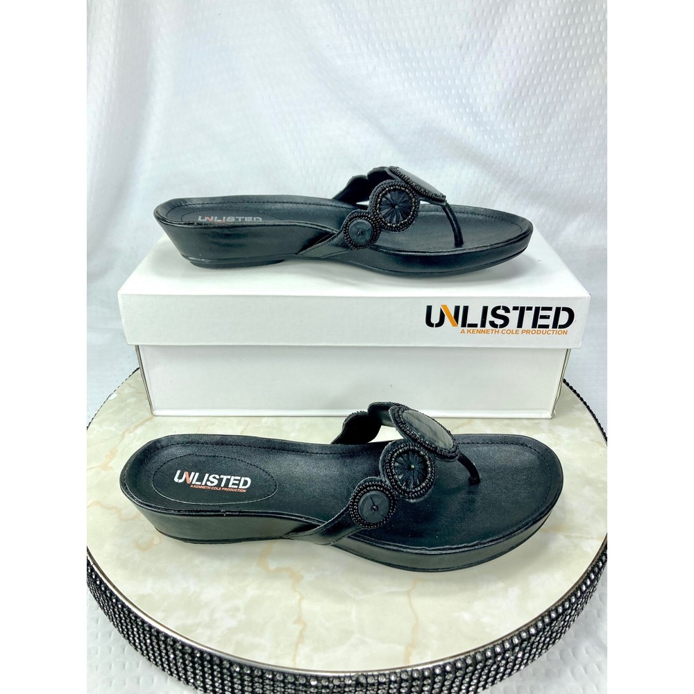 Unlisted Kenneth Cole Beaded Wedge Thong Sandals Womens 8 Black Medallion Summer
